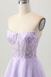 Sparkly A Line Strapless Sequins Lace Up Back Mini Lilás Homecoming Dress with Beading