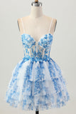 Flor Azul Branca Uma Linha Corset Tiered Vestido Curto Homecoming