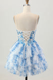 Flor Azul Branca Uma Linha Corset Tiered Vestido Curto Homecoming