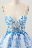 Flor Azul Branca Uma Linha Corset Tiered Vestido Curto Homecoming