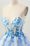 Flor Azul Branca Uma Linha Corset Tiered Vestido Curto Homecoming