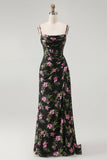 Preto Rosa Floral Esparguete Correias Corset Uma Linha Longo Vestido Madrinha