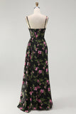Preto Rosa Floral Esparguete Correias Corset Uma Linha Longo Vestido Madrinha