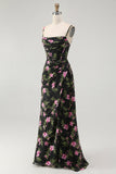 Preto Rosa Floral Esparguete Correias Corset Uma Linha Longo Vestido Madrinha