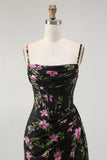 Preto Rosa Floral Esparguete Correias Corset Uma Linha Longo Vestido Madrinha