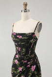 Preto Rosa Floral Esparguete Correias Corset Uma Linha Longo Vestido Madrinha