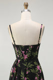 Preto Rosa Floral Esparguete Correias Corset Uma Linha Longo Vestido Madrinha