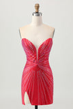 Sparkly vermelho frisado curto apertado Homecoming Dress com fenda