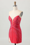 Sparkly vermelho frisado curto apertado Homecoming Dress com fenda