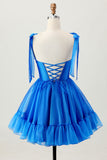 A Line Royal Blue Spaghetti Correias Folhos Vestido Homecoming