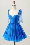 A Line Royal Blue Spaghetti Correias Folhos Vestido Homecoming