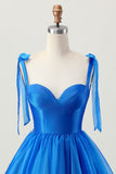 A Line Royal Blue Spaghetti Correias Folhos Vestido Homecoming