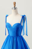 A Line Royal Blue Spaghetti Correias Folhos Vestido Homecoming