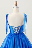 A Line Royal Blue Spaghetti Correias Folhos Vestido Homecoming