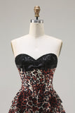 Espartilho Honeyheart A-Line Leopardo Castanho Vestido de Baile de Finalistas Longo em Níveis com Folhos