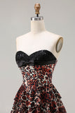 Espartilho Honeyheart A-Line Leopardo Castanho Vestido de Baile de Finalistas Longo em Níveis com Folhos