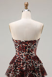 Espartilho Honeyheart A-Line Leopardo Castanho Vestido de Baile de Finalistas Longo em Níveis com Folhos