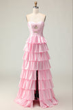 Querida Uma linha rosa frisado em camadas recortado longo vestido de baile com babados