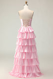 Querida Uma linha rosa frisado em camadas recortado longo vestido de baile com babados