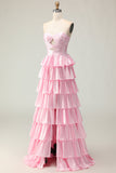 Querida Uma linha rosa frisado em camadas recortado longo vestido de baile com babados