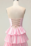 Querida Uma linha rosa frisado em camadas recortado longo vestido de baile com babados