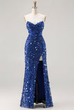 Vestido de baile de finalistas dourado brilhante e sem alças, vestido de finalistas tamanho grande com fenda