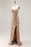 Vestido de baile de finalistas dourado brilhante e sem alças, vestido de finalistas tamanho grande com fenda