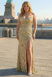 Vestido de baile de finalistas dourado brilhante e sem alças, vestido de finalistas tamanho grande com fenda