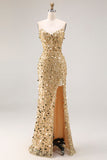 Vestido de baile de finalistas dourado brilhante e sem alças, vestido de finalistas tamanho grande com fenda