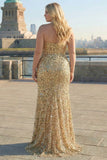 Vestido de baile de finalistas dourado brilhante e sem alças, vestido de finalistas tamanho grande com fenda