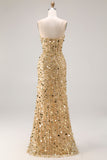 Vestido de baile de finalistas dourado brilhante e sem alças, vestido de finalistas tamanho grande com fenda