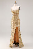Vestido de baile de finalistas dourado brilhante e sem alças, vestido de finalistas tamanho grande com fenda