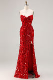 Vestido de baile de finalistas dourado brilhante e sem alças, vestido de finalistas tamanho grande com fenda