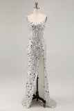 Vestido de baile de finalistas dourado brilhante e sem alças, vestido de finalistas tamanho grande com fenda