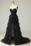 Preto A Line Strapless Tiered Ruffle Polka Dots Long Prom Dress with Slit