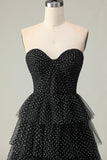 Preto A Line Strapless Tiered Ruffle Polka Dots Long Prom Dress with Slit