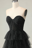 Preto A Line Strapless Tiered Ruffle Polka Dots Long Prom Dress with Slit