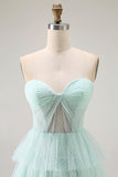 Verde Claro Sem Alças Uma Linha Polka Dots Tiered Ruffle Vestido Madrinha com Fenda
