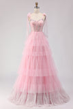Vestido de baile longo cor-de-rosa, Linha A com Folhos e Missangas e Renda nas Costas
