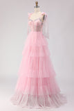 Vestido de baile longo cor-de-rosa, Linha A com Folhos e Missangas e Renda nas Costas