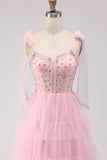 Vestido de baile longo cor-de-rosa, Linha A com Folhos e Missangas e Renda nas Costas