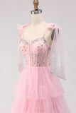 Vestido de baile longo cor-de-rosa, Linha A com Folhos e Missangas e Renda nas Costas