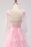 Vestido de baile longo cor-de-rosa, Linha A com Folhos e Missangas e Renda nas Costas
