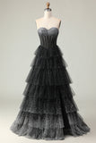 Vestido de baile de finalistas preto, branco de linha A, espartilho de bolinhas em camadas, com folhos
