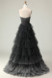 Preto Branco Espartilho Uma Linha Querida Tiered Polka Dots Long Prom Dress com Folhos