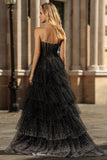 Vestido de baile de finalistas preto, branco de linha A, espartilho de bolinhas em camadas, com folhos