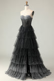 Preto Branco Espartilho Uma Linha Querida Tiered Polka Dots Long Prom Dress com Folhos