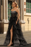 Vestido de baile de finalistas preto, branco de linha A, espartilho de bolinhas em camadas, com folhos