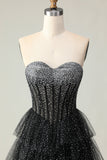 Preto Branco Espartilho Uma Linha Querida Tiered Polka Dots Long Prom Dress com Folhos