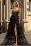 Vestido de baile de finalistas preto, branco de linha A, espartilho de bolinhas em camadas, com folhos